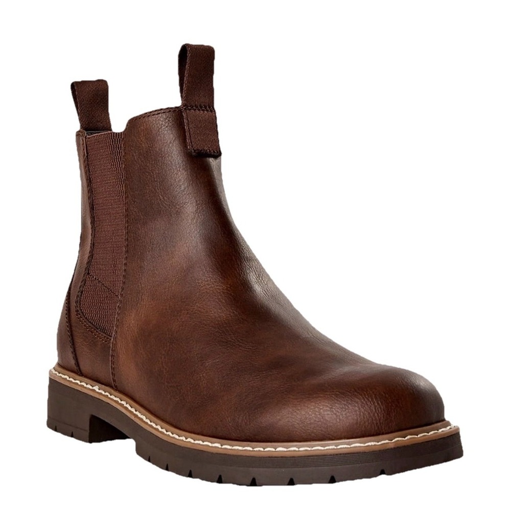 Portland Boot Company Mens Chelsea Boots Brown Faux Leather Lug Sole Pull On